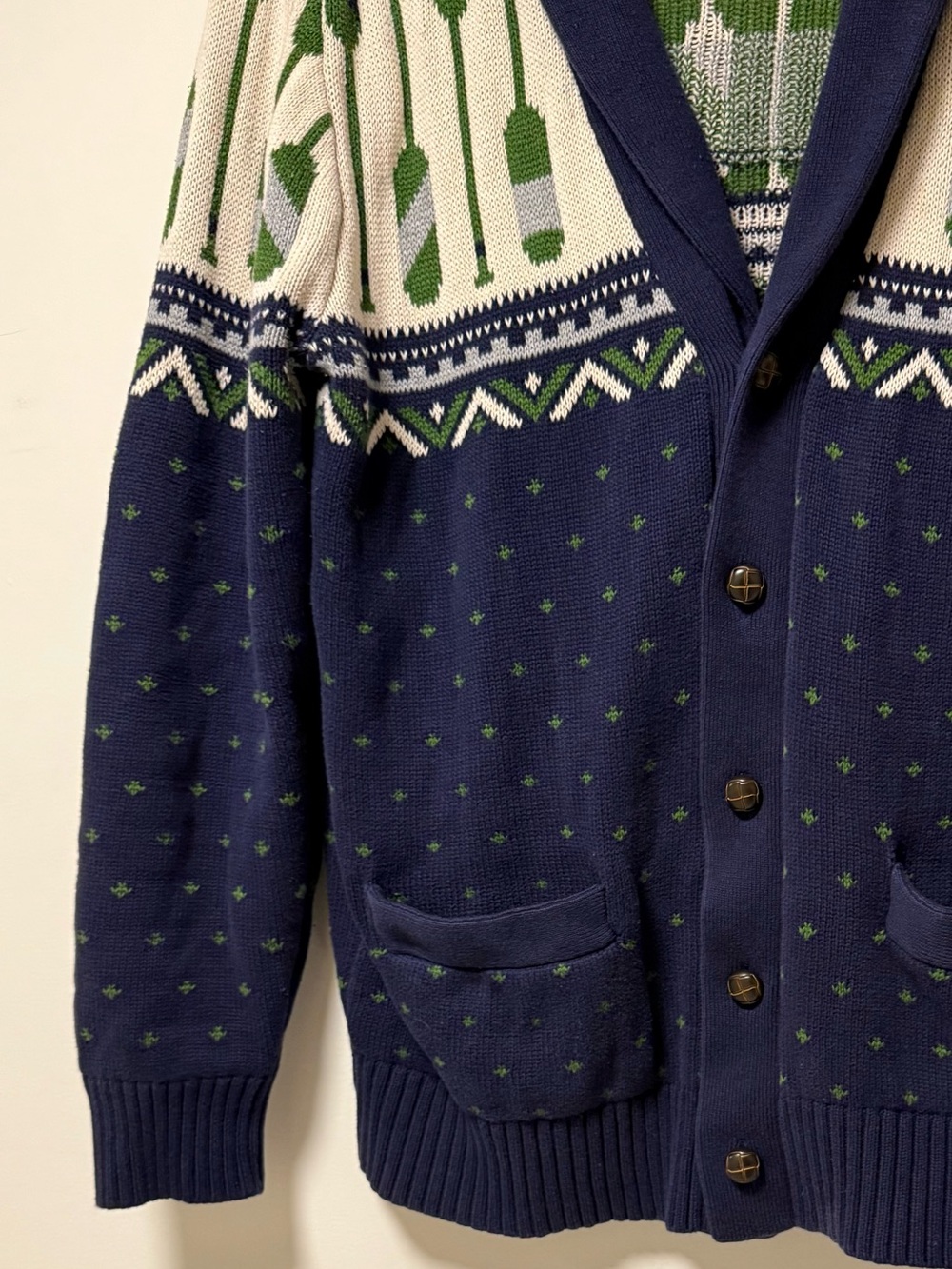 Merona Navy & Green Nautical Shawl Collar Men’s Cardigan Sweater XL Campcore - Picture 7 of 9
